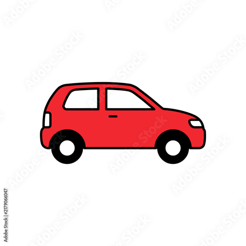 A red hatchback car illustration features a simple cartoon style depiction on a white background