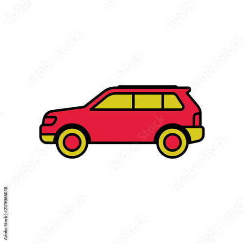 Red sport utility vehicle illustration features a side profile with yellow windows and black outlines