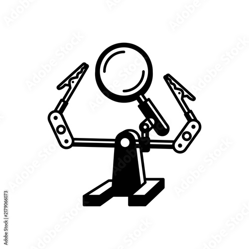 Magnifying glass articulated arm a black silhouette against a white background for inspection magnifier lens