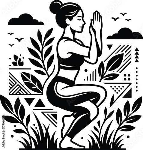 Woman silhouette in chair yoga pose surrounded by plants and geometric elements.