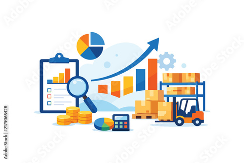 Business logistics and analytics concept with forklift and charts