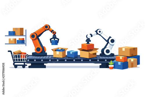Automated warehouse robotics sorting packages on conveyor belt