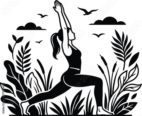 Woman silhouette in warrior yoga pose surrounded by natural elements for healthy lifestyle.