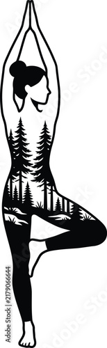 Woman silhouette practicing tree yoga pose with forest landscape on transparent background.