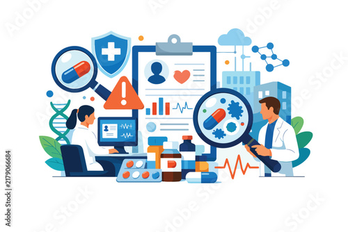 Medical research and healthcare concept with scientists analyzing data