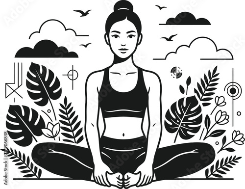 Woman sitting in butterfly yoga pose with tropical foliage and geometric clouds art graphic.