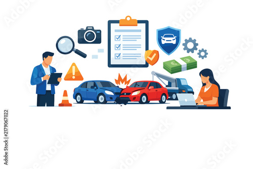 Car accident insurance claim process with professionals and icons