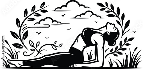 Yoga fish pose silhouette featuring serene clouds and organic leaf branches in outdoor setting.