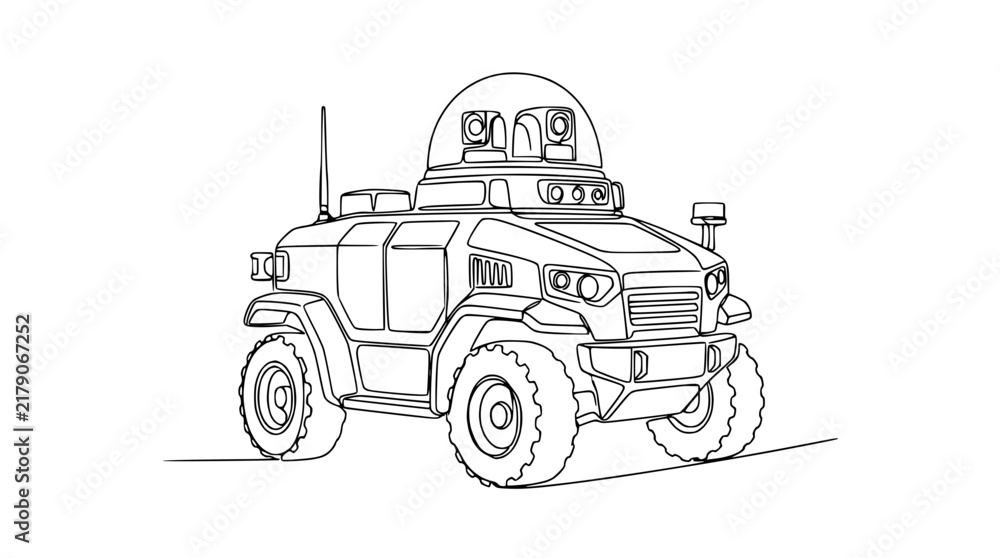 Obraz premium Futuristic Armored Vehicle with Sensor Dome, Isolated Line Art