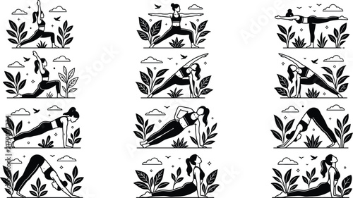 Yoga poses black line art vector illustration collection with decorative leaves and birds.