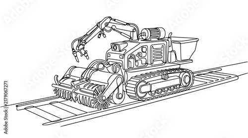 Принти на полотні Line Art Sweeping Machine on Rails, Industrial Cleaning Vehicle, Construction Eq