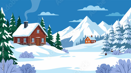 Winter landscape with log cabins, snow-covered mountains, and pine trees