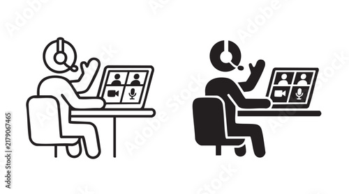 Person using laptop for remote video conference meeting icons.