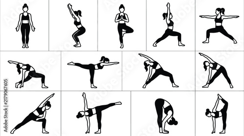 Yoga poses black silhouette vector illustration showing various female exercise positions.