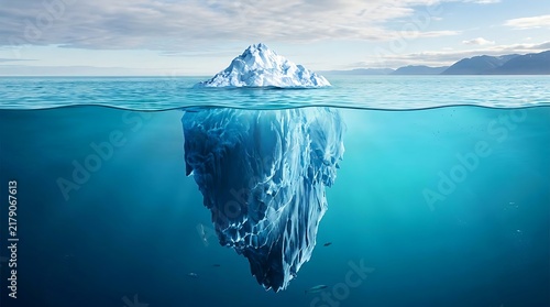 Large iceberg floating in the deep blue ocean water with view above and below the surface. iceberg metaphor