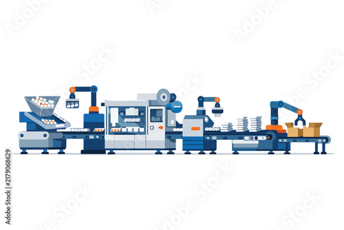Automated factory production line with robotic arms and conveyor belts