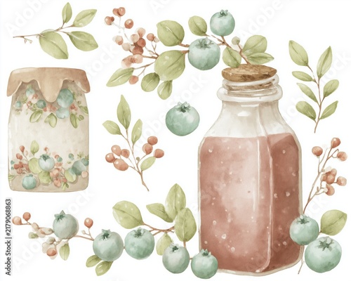 Blueberry watercolor technology icon set for social media smart farming and eco business app UI