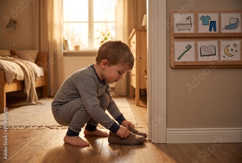Child Putting On Shoes Independently During Daily Routine
