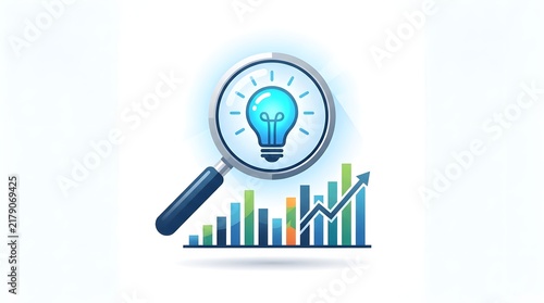 Magnifying Glass with Glowing Lightbulb Idea Above Growth Bar Chart
