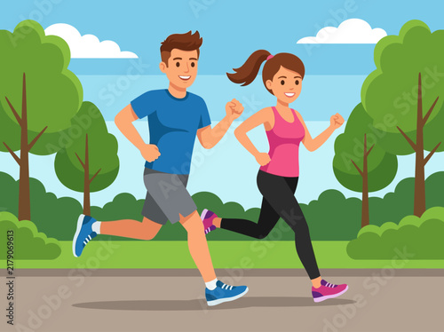 Active Couple Enjoying A Healthy Jog Together In A Scenic Park Setting