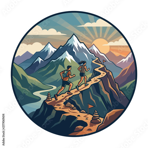 Active Couple Ascending Scenic Mountain Trail at Sunrise Adventure
