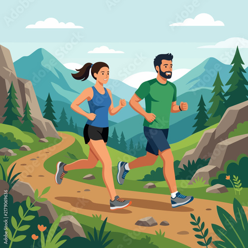 Active Couple Enjoying Mountain Trail Running Adventure Outdoors