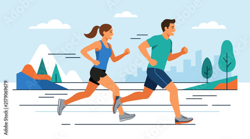 Active Couple Jogging Together In City Park Scenic Background