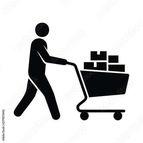 Person pushing shopping cart with boxes flat black vector icon for retail and logistics.