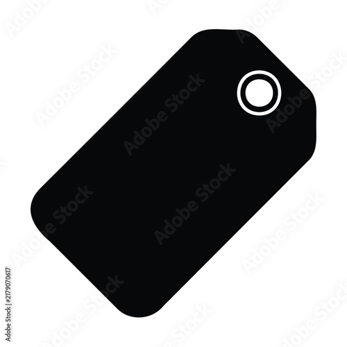 Black luggage tag vector icon with hole for travel identification and retail price marking.