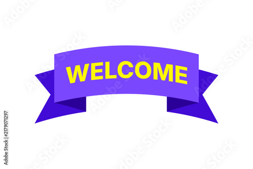 Purple Curved Welcome Ribbon Banner Graphic Isolated On White Background