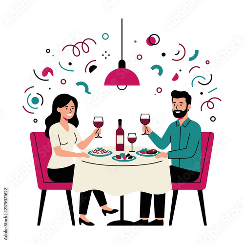 Couple enjoying romantic dinner with wine at restaurant table for two