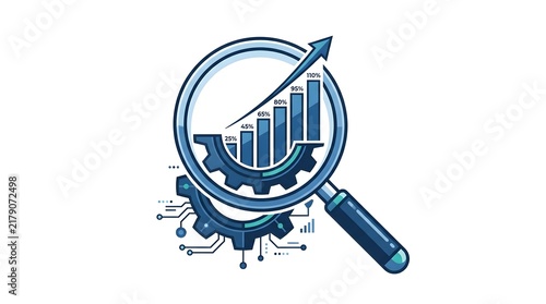 Magnifying Glass Analyzing Gear Mechanism with Percentage Growth Chart