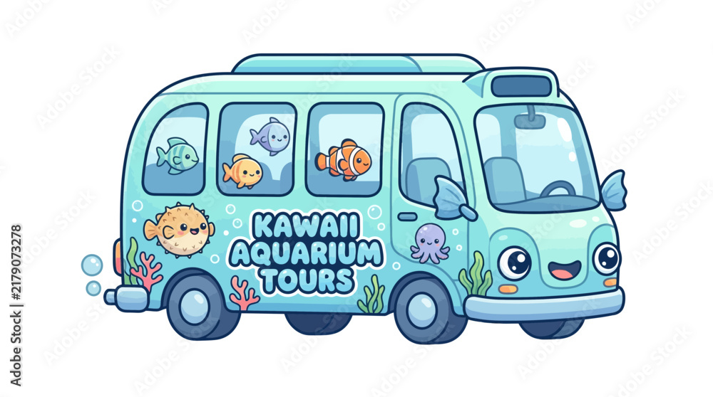 Fototapeta premium Cute Kawaii Aquarium Tour Bus with Cartoon Fish and Octopus