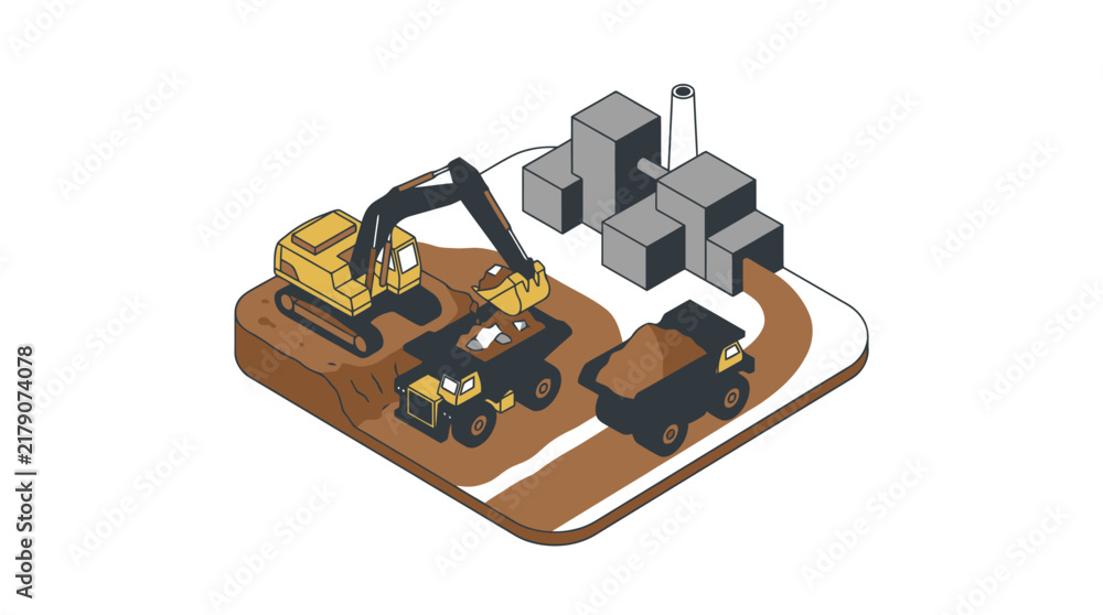 Naklejka premium Isometric Construction Site with Heavy Machinery and Buildings.