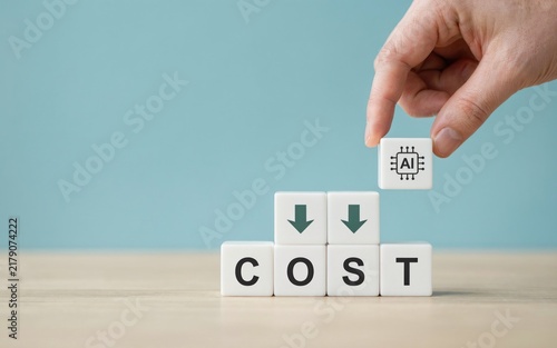 Fotografía Hand placing white block with artificial intelligence icon on stack of cubes rep
