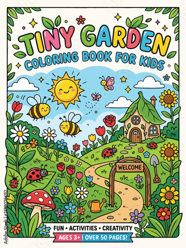 Tiny Garden Kids Coloring Book Cover Cute Flowers Bee Vector