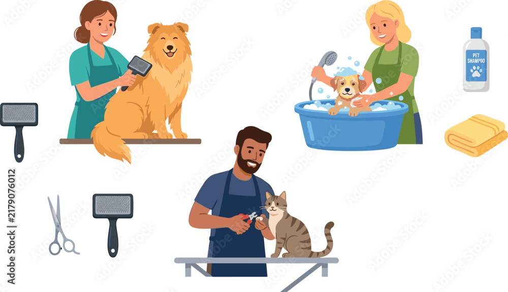 Fototapeta premium Professional Pet Grooming and Care Service Set with People Brushing Dog Bathing Puppy and Clipping Cat Nails with Tools Elements