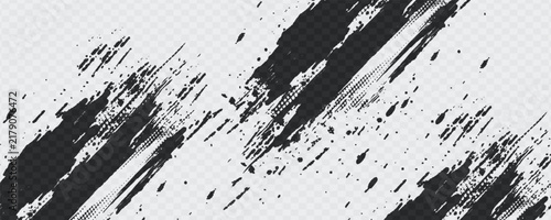 Abstract black ink splat with a grungy paint splash texture featuring artistic spray droplets and a dirty brush stroke pattern on a vector background