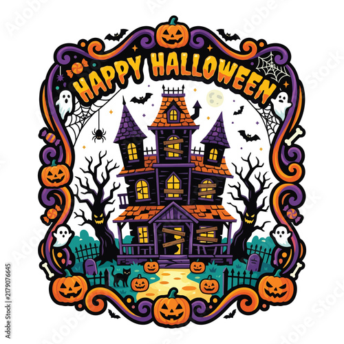 A festive spooky house display featuring orange pumpkins and flying bats for autumn harvest celebrations with gothic architecture design elements to celebrate the annual October holiday seasonal