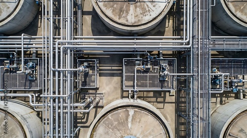 Aerial view shows complex pipes and large tanks at industrial plant. This essential infrastructure is crucial for modern processing and utility operations globally