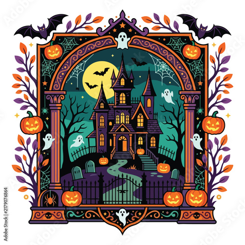 Haunted Mansion Surrounded By Pumpkins And Spooky Ghosts Under A Glowing Full Moon With Bats Flying Across The Night Sky During A Festive Seasonal Celebration For Autumn Holiday Decoration