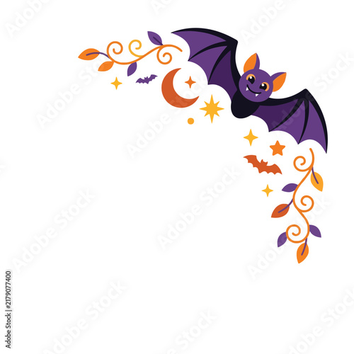 Purple bat with moon and stars decorative corner frame for seasonal holiday party flyers and invitation cards for autumn celebrations with orange foliage elements for creative festive paper