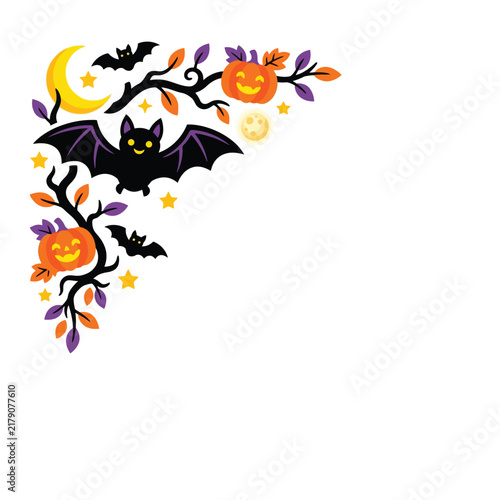 Spooky halloween corner frame border featuring cute orange jackolantern pumpkins and black bats flying around a golden crescent moon shape for seasonal greeting cards and party event design