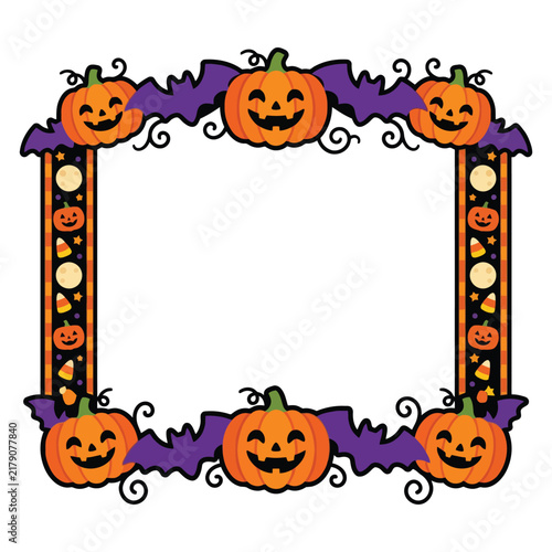 Festive seasonal border frame featuring carved smiling orange pumpkins and purple flying bats created for autumn holiday greeting cards and celebrations with space for your own personal text