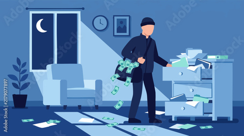 Foto Nighttime Burglary Scene: Thief Stealing Money and Ransacking Home