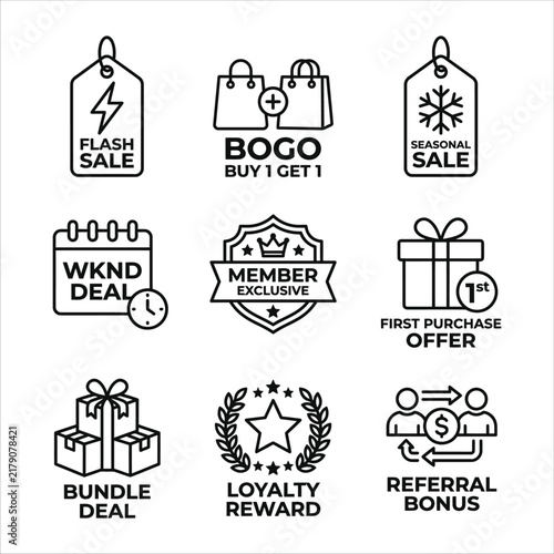 Sale Discount and Shopping Badge Line Icon Set Vector Illustration