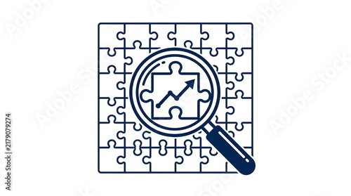 Magnifying Glass Finding Growth Arrow Puzzle Piece in Jigsaw Pattern
