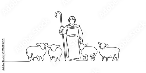 Continuous line drawing of a shepherd standing with a group of sheep using a simple black outline style on a plain surface for minimalist art design