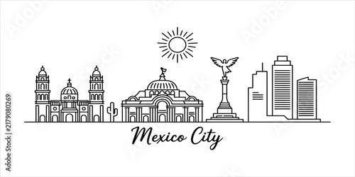 Simple line art drawing of the mexico city skyline featuring famous landmarks like the angel of independence and the metropolitan cathedral under the sun