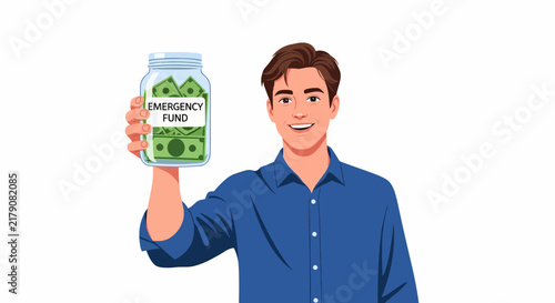 Caucasian Man Proudly Holding Emergency Fund Cash Jar